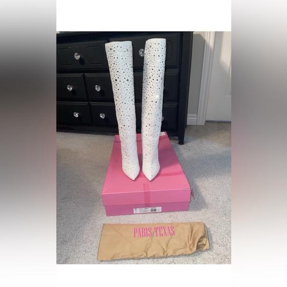 Paris Texas Shoes - White Rhinestone Knee-High Stiletto Boots